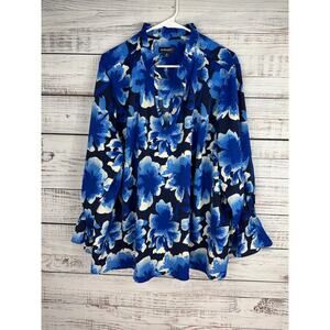 Studio Park Blue Floral Popover Vneck Top 3X Balloon Sleeves Classic Coastal